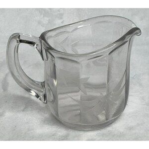 Vintage Clear Glass Etched Floral Design Creamer Pitcher With Handle 3" Tall